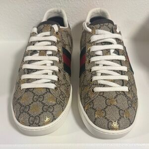 Gucci Beige Monogram Sneakers with Red and Green Accents